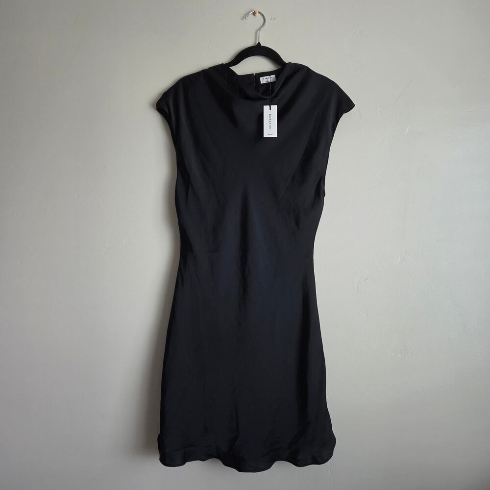 NWT Aritzia Babaton Black Playbook Satin Mockneck Mini Dress Japanese Shine SZ L